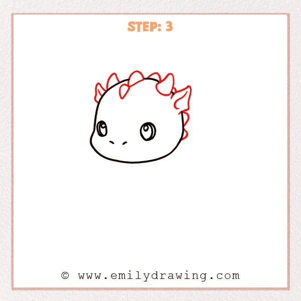how to draw a baby dragon - Step 3: Rounded horns and small spikes added on top of the baby dragon’s head.
